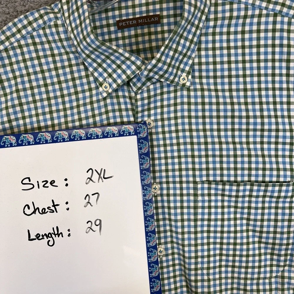 VTG‎ Peter Millar Shirt Men's XXL 2XL Blue/Green Check Plaid Button Up Light